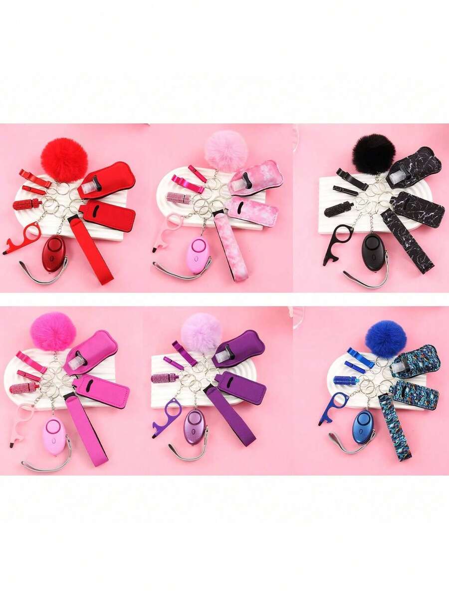 Women's Cute Self-Defense Keychain Set. Gift Box Set With 9 Cute Keychains For Ladies, Including Pom-Poms, Personal Alarms, Bottle Openers, Rhinestone Shiny First Aid Kits And Survival Whistles. For Daily Use And Holiday Gift Giving - 藍色 - 查看 1