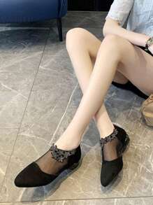 Elegant Spring & Summer Women's Rhinestone Decorated Mesh Sandals - Pointed Toe, Low Heel, Flat, Non-Slip Rubber Sole, Zip Closure, Black, Comfortable Casual
