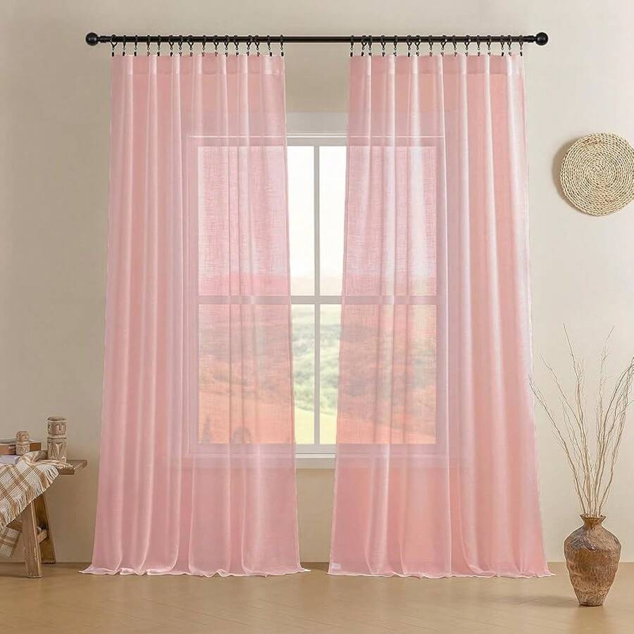 Sheer Curtains 84 Inches Long, White Curtains Living Room 2 Panels Set, Linen Curtains Window Privacy With Filtering (W52 X L84 Inch, Linen), Home Decor - 蜜桃粉色 - 查看 1