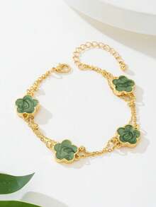 1pc Summer Beach Style Fashion Sweet Clover Pendant Anklet, 2-Layer Design, Random Bead Quantity On 2nd Layer, Gift For Women - Green - View 4