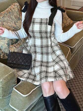 2025 Spring/Summer New Design Women's Fashion Gingham Check Tie-Up Cropped Cami Dress Set