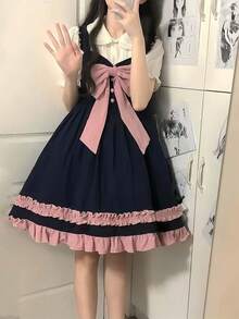 1 件甜美洛丽塔服装带蝴蝶结吊带连衣裙，法式学院风角色扮演可爱软妹万圣节 - 彩色 - 查看 5