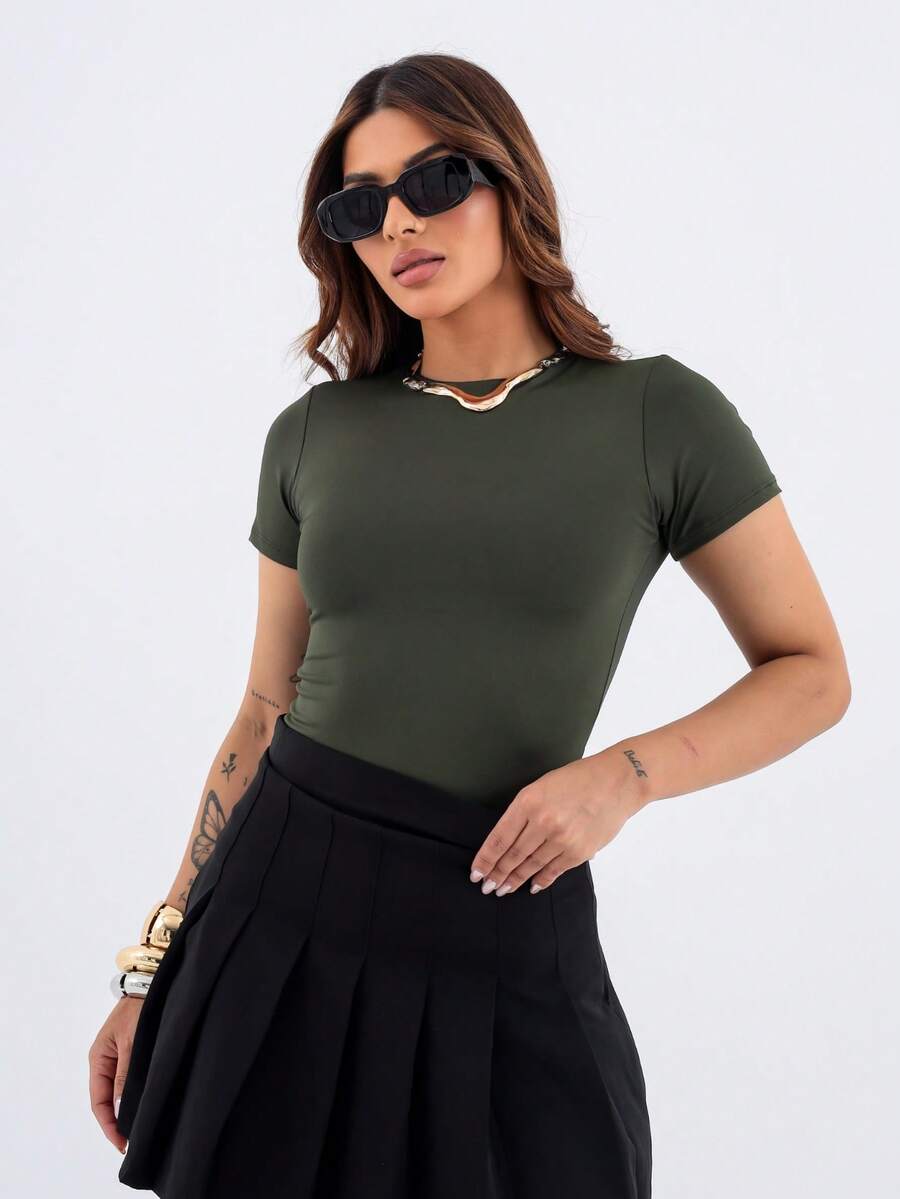 Women's Suplex Blouse, Short Sleeve, Fitted, Basic, Comfortable, Lined - Verde militar - Ver 1