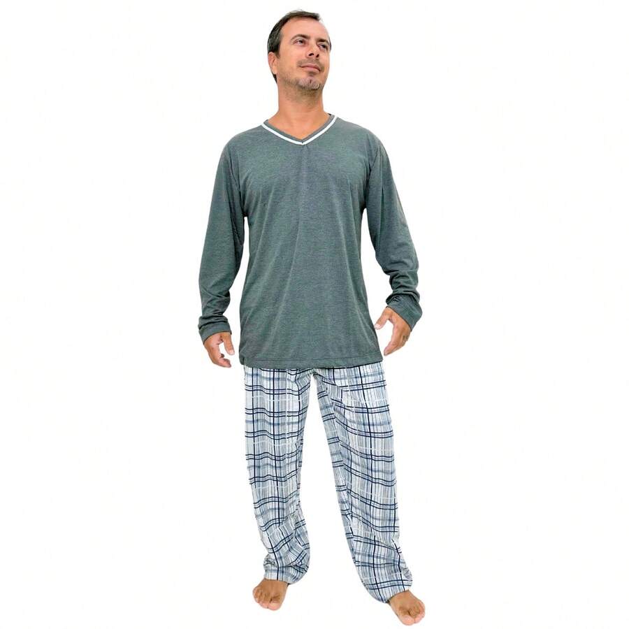 Men's Winter Pajamas Long Sleeve Trousers Adult Cold Weather - màu xanh lá - Xem 1