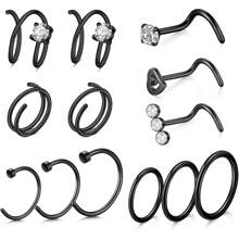 AVYRING Juego de 13 piezas de aretes y pendientes para la nariz - Joyas para perforación nasal de 20G (plata/negro/oro) - Acero inoxidable hipoalergénico, pendientes con CZ, aros dobles, anillos en C