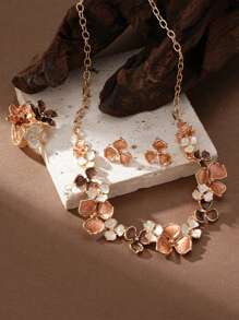 Cring Coco 1 conjunto de 3 peças de joias vintage boêmias minimalistas elegantes casuais cáqui com gotas de óleo esmaltadas em liga de zinco, conjunto de joias para decoração de flores, adequado para uso diário feminino, festas, encontros, presente de dia das mães