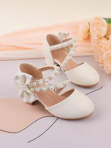 White Dress Shoes With Pearls Suitable For Girls & Kids, Fashion High Heels Or Thick Heels For Formal Dress, Recital, Wedding, Party, Sweet & Cute Butterfly Decor, Low Heels Or High Heels Available - White - View 5