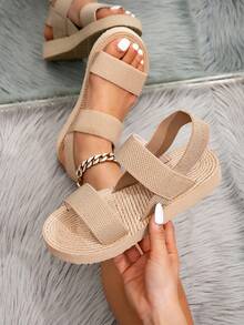 New Women Outdoor Casual Backstrap & Ankle-Strap Beach Resort Linen Sole Thick Bottom Wedge Flat Personalized Sandals - Khaki - View 1