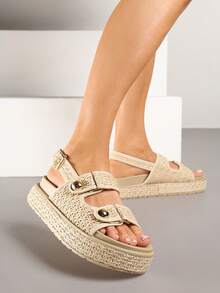 Thick Sole Sandals Decorated With Braid And Heel Strap - Khaki - View 1