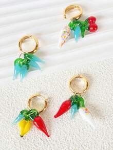 2 件夏季海滩玻璃辣椒萝卜樱桃水果不锈钢 PVD 镀金环状耳坠女式日常佩戴防水珠宝 - 水果 - 查看 11