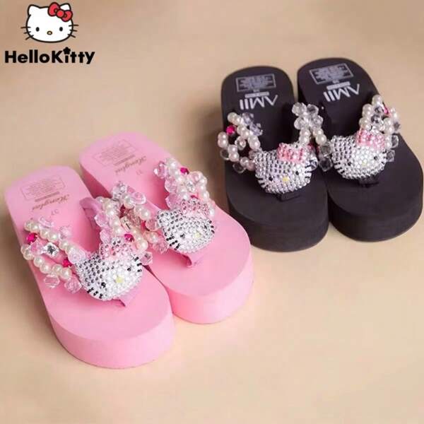 Sanrio 1pc/Hello Kitty Sanrio Soft Flip Flop Sandals Y2k Beach Slides Shoes Women Casual Wedge High Heels Platform For Slippers Ladies Gift
