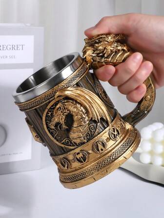 1pc Vintage Medieval Pterodactyl Water Cup, 600ml/20.29oz Stainless Steel Large Capacity Mug, Creative Resin Embossed Decor Gentlemen Drinking Set, Summer Beverage Cup, Coffee Mug, Decorative Cup. Gift For Men, Father's Day Gift.