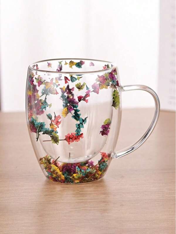 1pc Innovative Double Wall Glass With Dried Flower, Made Of High Borosilicate Glass, Suitable For Holding Coffee And Tea, Home, Office Or Bar Use