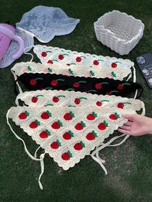 1 件复古女式头巾针织手工辣妹三角围巾，甜美可爱钩花头巾，钩针发带，适合日常使用时尚发饰