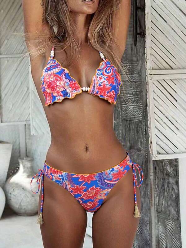 2 piezas Conjunto de bikini con estampado todo sobre atado a la espalda, perfecto para la playa, vacaciones y viajes en verano