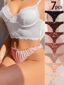 7PCS Glossy Satin Ruffle Trim Thong Panty Set - Sexy & Soft Touch - Multicolor - View 3