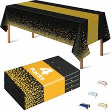 1 pezzo / 4 pezzi Tovaglia nera e dorata per decorazioni per feste, tovaglia rettangolare di plastica nera con stampa dorata, runner da tavolo monouso per feste di compleanno, pensionamento, anniversario, laurea, 54 X108 pollici