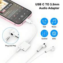 Cable auxiliar de audio de 2 en 1 Tipo C a 3.5 mm/Tipo C, adaptador de carga compatible con iPhone 17 Pro Max/17 Pro/17/16/15 Pro Max/15 Pro/15 Plus/15, convertidor de auriculares - Blanco - Ver 3