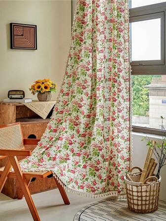 1 pieza Cortina opaca con estampado de rosa, cortina rectangular con borlas de estilo bohemio que bloquea la luz, adecuada para sala de estar, dormitorio, cocina, comedor, hotel, cafetería, decoración festiva, uso doméstico en todas las estaciones