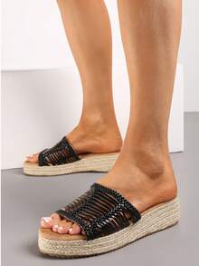 Women's Bohemian Style Hollow-Out Design Thick Sole Casual Slide Sandals - Black - View 2