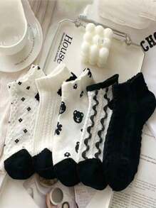 5 Pairs Low-Cut Shallow Mouth Sweet Black & White Thin Socks, Korean/Japanese Style Lace Short Socks, Suitable For Spring & Summer