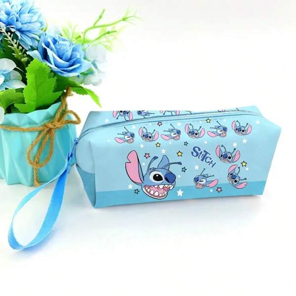 Disney 1 Stück Disney Stitch Kunstleder Federmäppchen, süße Cartoon Mehrzweck Stiftebox mit großem Fassungsvermögen und Griff für Studenten