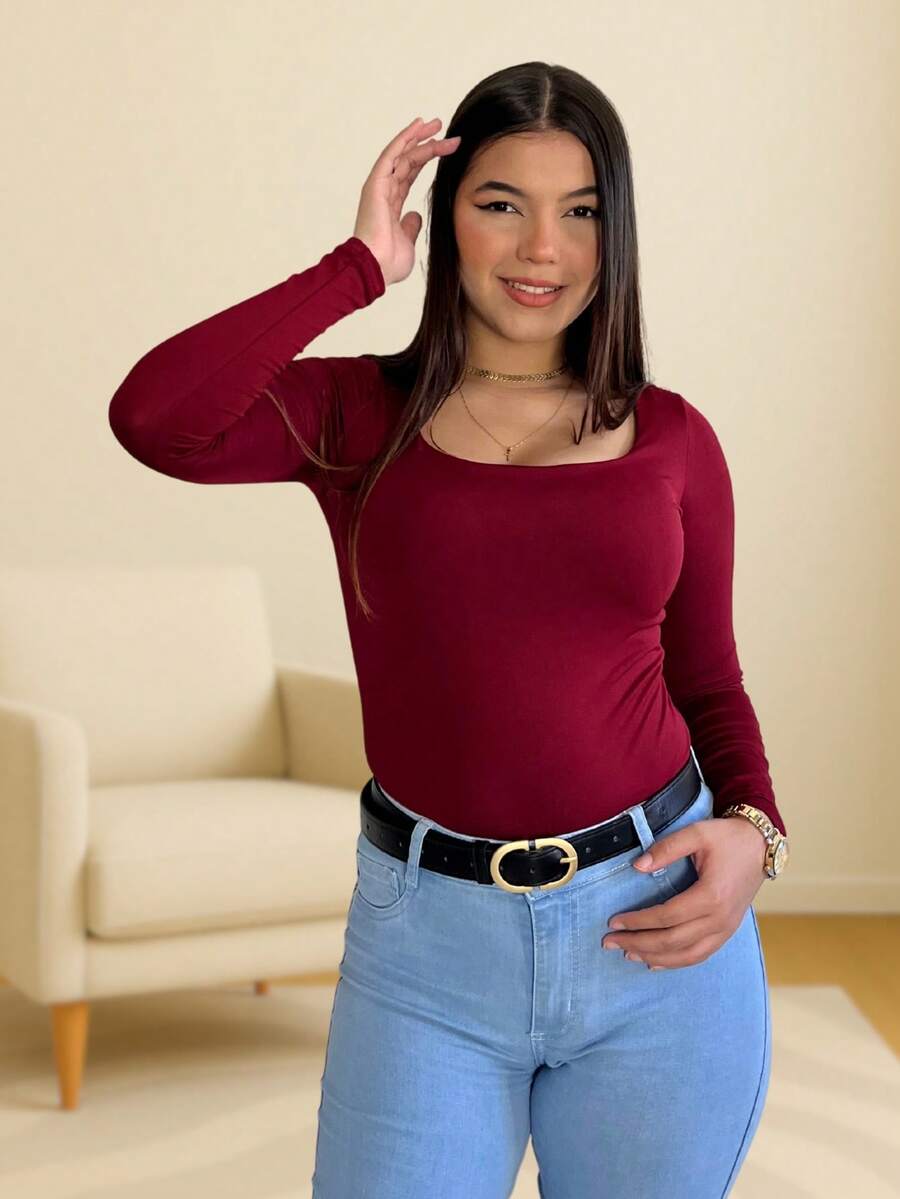 Women's Long Sleeve Suplex Romantic Second Skin Blouse With Lining And Square Neckline - 紅木色 - 查看 1