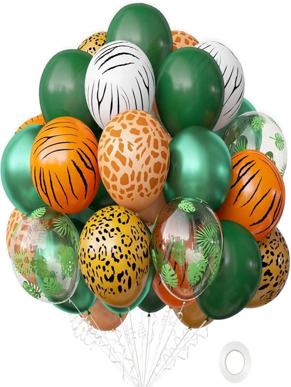 Set van 50 dikke latex ballonnen van 30 cm met jungle-avontuurdieren, met ronde latex ballonnen met tropische bladeren, luipaard-, herten- en zebrapatronen. Geschikt voor verjaardagen, bruiloften, jubilea, babyshowers en gender reveal. Geen elektriciteit nodig. Geschikt voor alle seizoenen en als decoratie voor Vaderdag- en Moederdagfeesten.