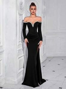 ADYCE Elegant One Shoulder V-Neck Nail Bead Long Sleeved Front Slit Backless Floor Length Party Dress For Prom Birthday Party Evening Date Homecoming Party Wedding Guest Formal Dinner Family Festival