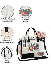 教师图案手提包带肩带和化妆包，（1个大包和2个小包），便携式休闲收纳手提包，多功能购物袋，带侧袋的个性化礼品袋，带围巾的沙滩包，适合教师，单肩包，日常使用，约会，度假，海滩，旅行，通勤，学生，母亲节礼物，教师节礼物，毕业礼物，（拉链随机）