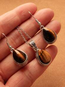 Juego de joyas de collar con colgante y pendientes de piedra de ojo de tigre en forma de lágrima de alta calidad para mujeres