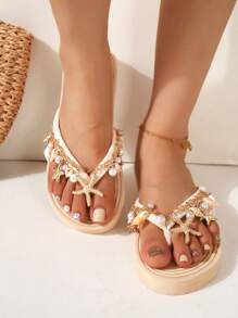 Handmade Natural Shell And Starfish Rhinestone Decorated Strap, Straw Design Flat-Soled Fashionable Casual Beach Sandals, Suitable For Summer Beaches, Vacations, Travel, Embossed Soothing Upper, Women's Soft-Soled Non-Slip Flat Flip-Flops
