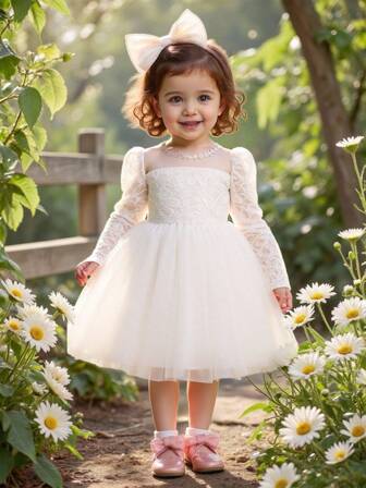 0-2岁女婴蕾丝长袖连衣裙，白色洗礼服，适合派对穿着