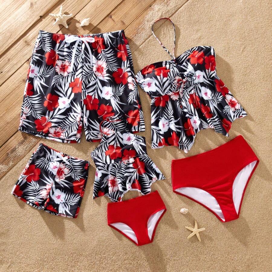PP Family Matching Tropical Floral Swim Trunk Or  2 Pieces Halter Swimsuit - 黑色 - 查看 1