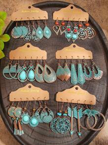TopHanqi Conjunto de 18/3 pares de pendientes vintage de estilo bohemio en color bronce para mujeres, pendientes geométricos con turquesa sintética, aptos para uso diario, transporte, fiesta, citas, fotografía callejera, todas las estaciones