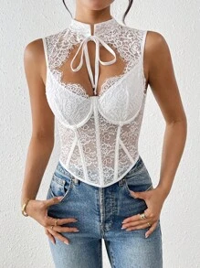 1pc New Fashion Sexy Fishbone Lace Mesh Corset Vest For Women, Adjustable Tie Hollow Out Bodycon Camisole Top