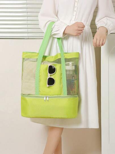 1pc Lightweight Double-Layer Beach Bag Multifunctional Travel Storage Bag Thermal Insulation Outdoor Bag Foldable And Portable Design, Perfect For Beach And Poolside Picnics, Shopping Day Trips, Camping And Family Organization, Spacious Insulated Compartment, Durable Weather-Resistant Exterior, Wide Open Top For Easy Access, Lightweight Handheld Or Shoulder Carry, Ideal Gift For Spring And Summer Outings, Travel Ready, Space-Saving Foldable Tote For On-The-Go