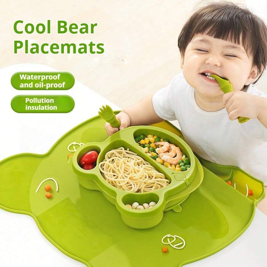 coolyep 1pc Children's Green Silicone Placemat, Thickened Anti-Scald Anti-Water Anti-Oil Heat Insulation Anti-Leakage Cartoon Design For Daily Use - Green - View 1