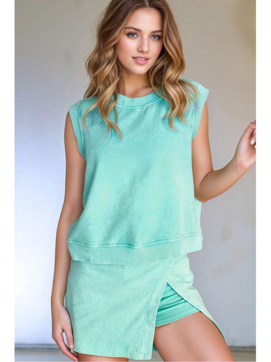 Mineral Wash Round Neck Tank Top Lined High Waist Split Skirt Set - 薄荷綠 - 查看 1