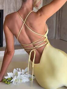 女士系带露背高开衩吊带礼服裙，优雅，适合情人节、婚礼、春季派对 - 芥末黃 - 查看 3
