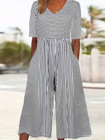 Women's Striped Print Elegant French Style Casual Short Sleeve Jumpsuit, Suitable For Spring/Summer Everyday Wear