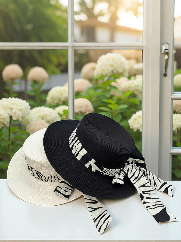 1 pieza Sombrero de paja para mujer - Diseño de tapa plana con lazo de cinta de cebra blanca y negra | Sombrero de ala ancha para playa y vacaciones de verano | Accesorio casual para exteriores y eventos formales elegantes