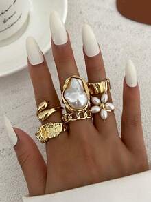 6 件套复古创意珍珠花朵设计戒指套装，优雅时尚巴洛克珍珠戒指，朋克嘻哈金色金属指节戒指，适合女性日常佩戴、派对、宴会配饰、节日礼物、百搭服装搭配首饰
