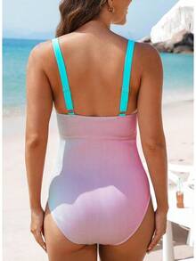 Traje de baño Aleumdr para mujer con control del abdomen, bañador de mujer de cuello cuadrado acanalado, traje de baño de moda para mujer - Rosa - Ver 3
