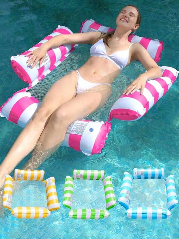 1pc Striped Pool Floating Water Hammock With A Random Air Pump,Water Swimming Inflatable Pool Floats Hammock ,Saddle, Lounge Chair, Hammock, Drifter Pool Float Lounger,Thickened Pool Float Chair, Beach Essentials, Beach Accessories