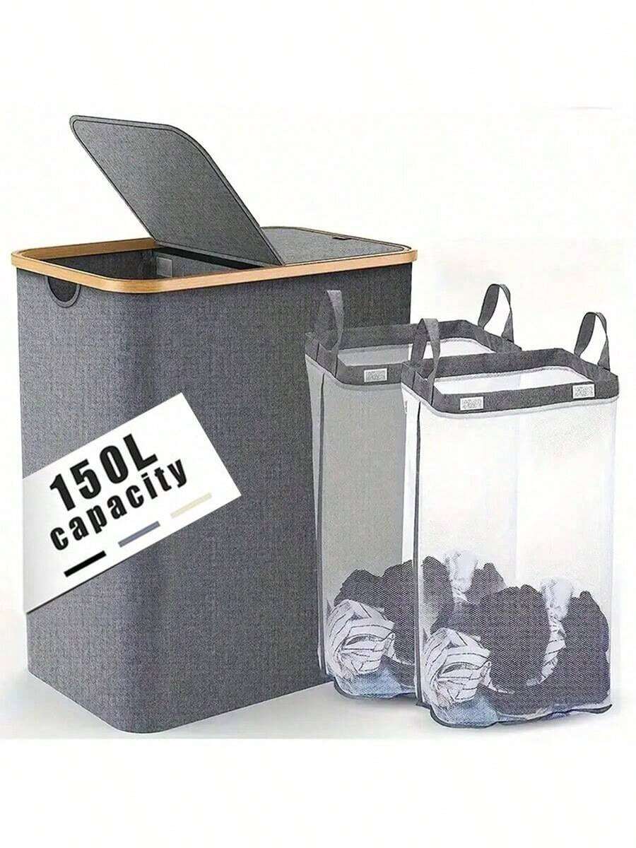 1pc Double-Bag Laundry Basket With Lid, Large Laundry Hamper With 2 Detachable Bags Inside, Foldable Dirty Clothes Storage Basket For Laundry Rooms, Bathrooms, And Dormitories, Home Organization, Back To School Supplies - Grey - View 1