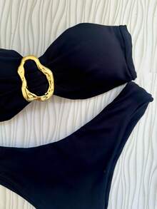 Black Strapless Bikini Top With Removable Padded Cups Elegant Casual Knot Ring - Black - View 4