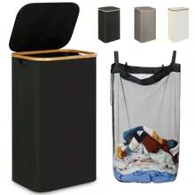 Set di cesti portaoggetti per il bucato di grandi dimensioni, pieghevole con coperchio, con manico, con borsa interna rimovibile, cesto portabiancheria con manico in bambù, adatto per dormitori, camere da letto, bagni, organizzazione dello spazio, forma rettangolare, cesto per il bucato