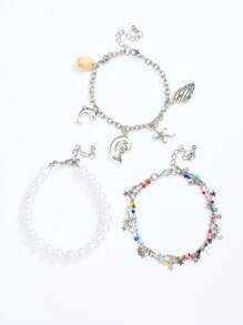 3pcs/5pcs Multi-Color Fashion Bohemian Faux Pearl, Natural Shell, Starfish, Seashell, Butterfly Pendant Beaded Necklace & Bracelet Set, Suitable For Valentine's Day, Best Friends, Family, Beach, Party, Gift, Daily Wear For Women