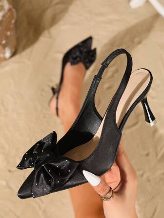 时尚露跟派对高跟鞋，饰有蝴蝶结和水钻，性感尖头套脚舒适高跟鞋，适合夏季和秋季穿着。